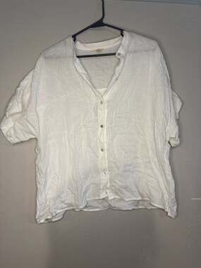 Eileen Fisher White Linen Short Sleeve Relaxed Button-Up Shirt XL